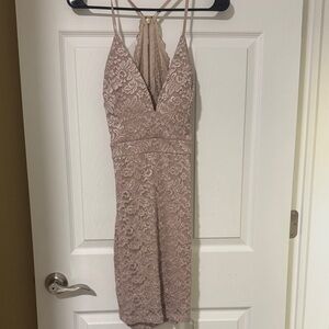 Honey and Rosie Backless Lace Dress in Light Brown